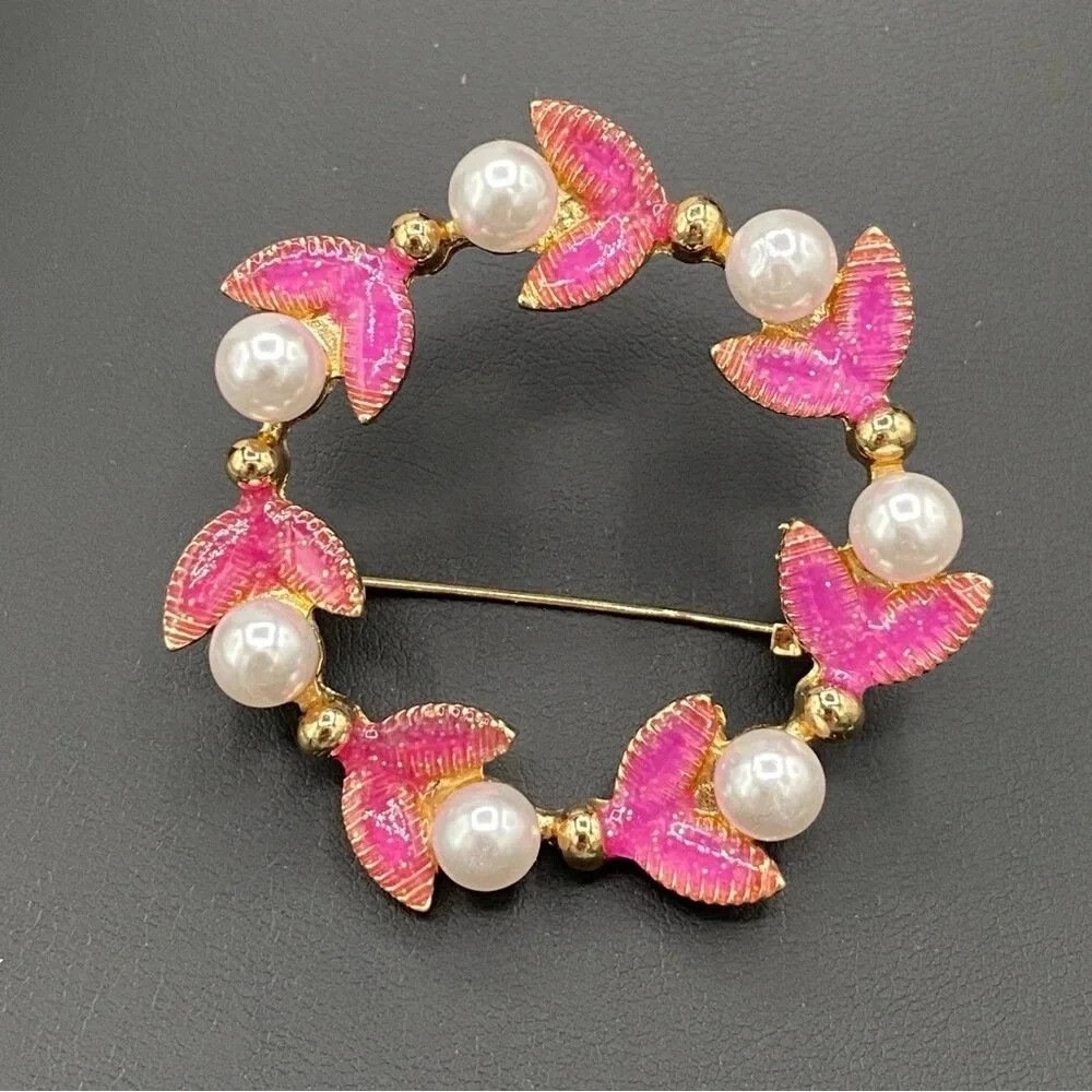 Mermaid Floral Faux Pearl Gold Tone Pink Brooch